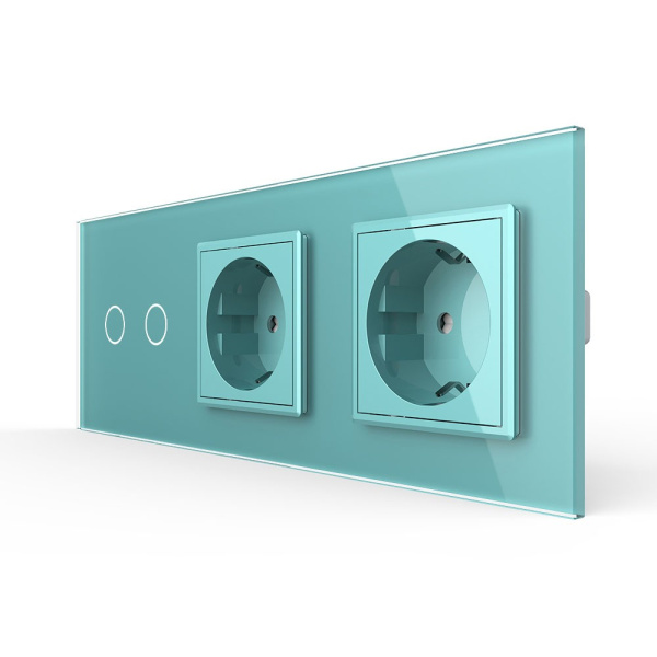 Сенсорный выключатель комбинированный на 2 линии 2 розетки 3 модуля Зеленый Livolo