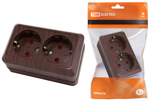 Розетка двойная 2П+З открытой установки с з/ш IP20 16А, бук "Ладога" TDM Розетка двойная 2П+З открытой установки с з/ш IP20 16А, бук "Ладога" TDM