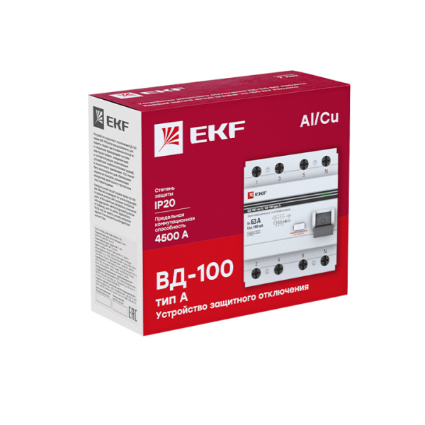 Устройство защитного отключения ВД-100 УЗО 4П 40А (электр, тип А) 4,5кА 30мА PROxima EKF