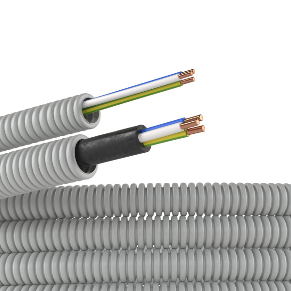 Труба ПВХ гибкая гофр. д.16мм, цвет серый, с проводом ПуВ 3х1,5мм² РЭК "ГОСТ+", 50м DKC