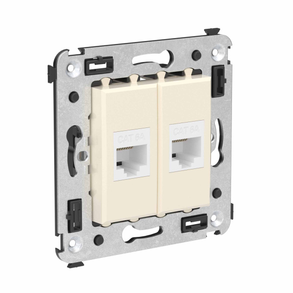Компьютерная розетка RJ-45 без шторки в стену, кат.6А двойная, "Avanti", "Ванильная дымка" DKC Компьютерная розетка RJ-45 без шторки в стену, кат.6А двойная, "Avanti", "Ванильная дымка" DKC