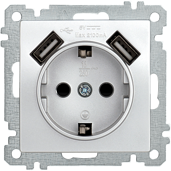Розетка РЮш10-1-Б с з/з с защитной шторкой 16А USBх2 2,1A BOLERO серебряный IEK