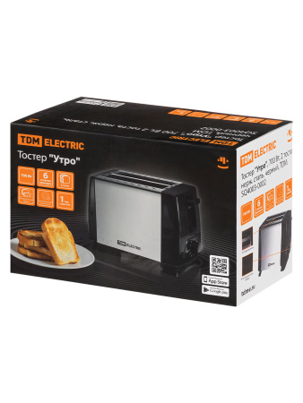 Тостер "Утро", 700 Вт, 2 тоста, нерж. сталь, черный, TDM