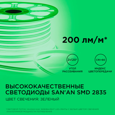 17-26 Светодиодный неон, двусторонний, 220В, 6Вт/м, 2835, 120д/м, IP65, 8*16мм, 50м, зеленый APEYRON
