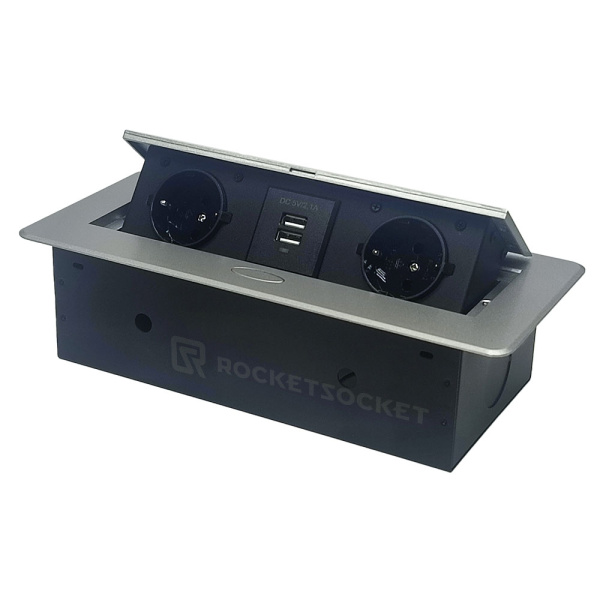 Розетка горизонтальная выдвижная 2EU+2USB Серая OvalC RocketSocket
