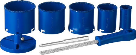 Набор кольцевых коронок "Профессионал" c карбид-вольфрамовым нанесением, 8 предм. в кейсе: коронки d 33, 53, 67, 73, 83 мм, основание, сверло ЗУБР