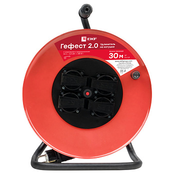 Удлинитель на катушке "Гефест 2,0" 4 гнезда 50м с заземлением и предохранителем ПВС 3*1,5 16А/3,5кВт IP44 PROxima EKF