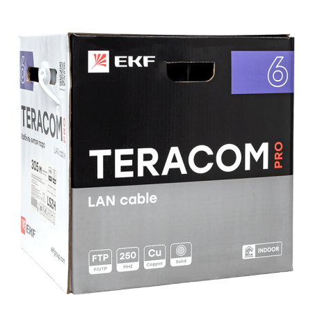 Кабель витая пара TERACOM PRO Cat,6 F/UTP 4 пары solid 23AWG оболочка LSZH нг(А)-HF цвет серый (упак, 305м) EKF