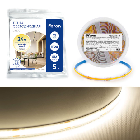 Лента светодиодная 512SMD(2110) 12Вт/м 24V 5000*10*1.8мм IP20 3000К, LS530 FERON