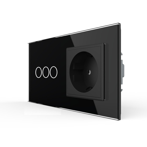 Трехклавишный сенсорный выключатель с розеткой 2 поста, цвет черный Livolo