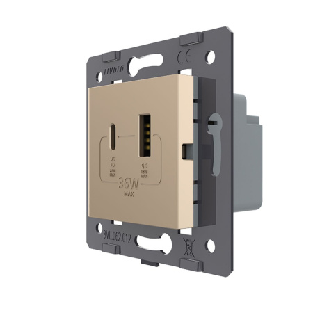 Розетка USB type C+A с блоком питания 36W, цвет золотой (механизм) Livolo