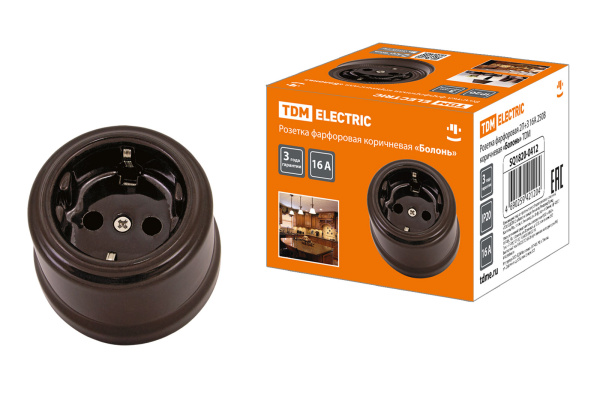 Розетка фарфоровая 2П+З 16А 250В коричневая «Болонь» TDM Розетка фарфоровая 2П+З 16А 250В коричневая «Болонь» TDM