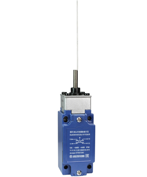 Выключатель путевой ВП 36-2106М-66 У2, рычаг пружинный "кошачий ус", 1з+1р, безинерционный, 30х60 мм, без сальника, 3А, IP66 Электротехник