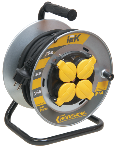 Катушка УК20 на мет. с термозащитой 4 места 2P+PE/20м КГ 3х1,5мм2 IP44 PROFESSIONAL IEK