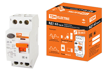 Устройство защитного отключения УЗО ВД1-63 2П 25А 10мА тип А TDM