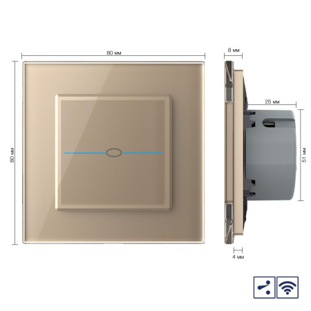 Сенсорный проходной радиоуправляемый выключатель Quadro 1 клавиша 1 пост Золотой Livolo