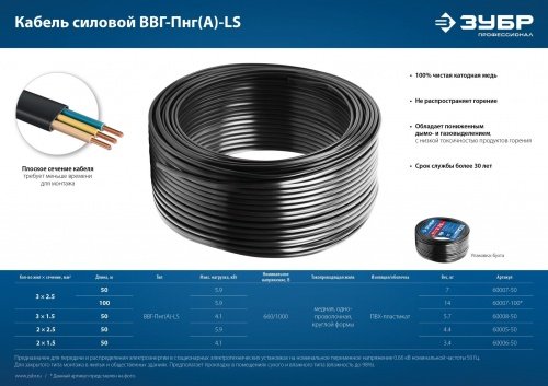 ВВГ-Пнг(А)-LS 3x2.5 mm2 кабель силовой 100 м, ГОСТ 31996-2012 ЗУБР фото 5