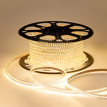 O17-07 Светодиодная лента 220В, 7Вт/м, smd2835, 120д/м, IP65, 600лм/м, размер 13х7мм, 50м, т/б, 3000К OGM