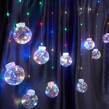 Св/д гирлянда Feron CL592 бахрома с шариками, статичная, 3*0,8м+ 2м мульти USB, прозр.шнур