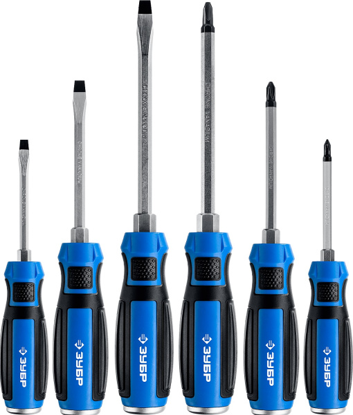 Набор: Отвертки ударные "Профессионал" "УДАРНИК", сквозной Cr-V стержень с усилит.под ключ, 2-хкомп.рук, магн.наконечник, в коробке, 6предм ЗУБР