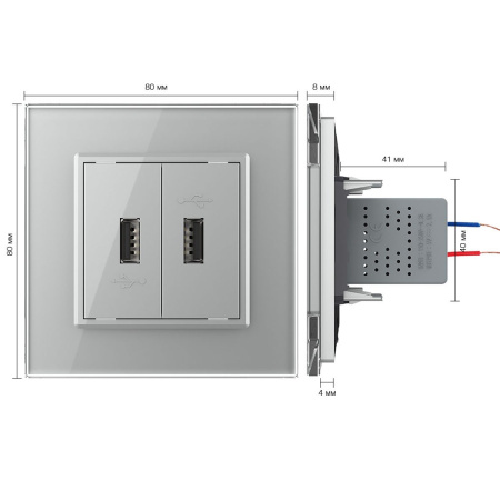Розетка USB с блоком 5В 2.1А двойная Серая Livolo
