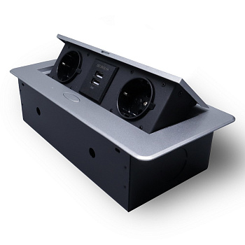 Розетка горизонтальная выдвижная 2 Euro 16А, 2 USB A с блоком 5В/2.1А RocketSocket, проводка, цвет серый