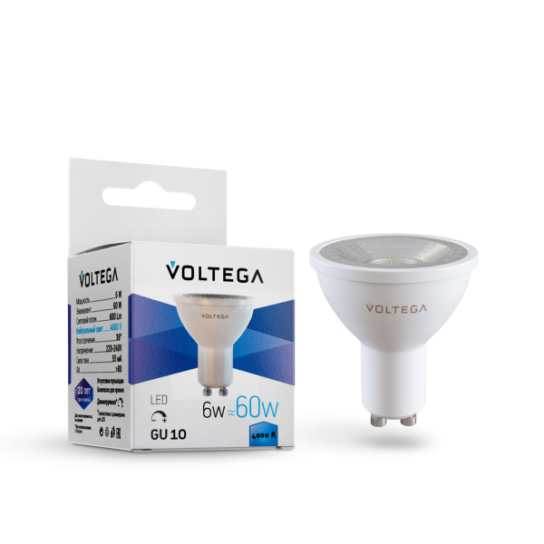 Лампа св/д GU10 6Вт 4000K Белый Sofit dim GU10 Lens 7109 Voltega Лампа св/д GU10 6Вт 4000K Белый Sofit dim GU10 Lens 7109 Voltega