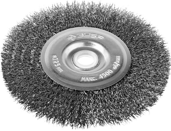 Профессионал. Щетка дисковая для точильно-шлифовального станка, витая стальная проволока 0,3мм, 125х12,7мм ЗУБР