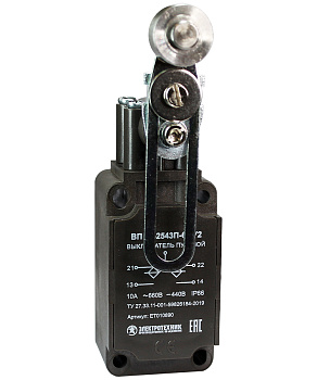 Выключатель путевой ВП 36-2543П-66 У2, рычаг со стальным роликом, регулируемый по длине, 1з+1р, инерционный, 30х60 мм, без сальника, 3А, IP66