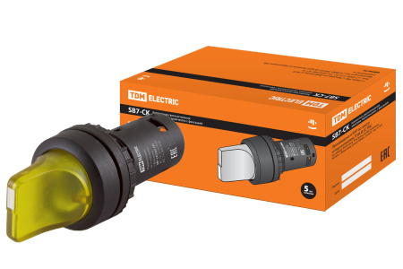 Переключатель на 2 положения с фиксацией SB7-CK2565-24V короткая ручка(LED) d22мм 1з+1р желтый TDM