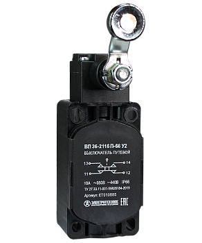 Выключатель путевой ВП 36-2116П-66 У2, рычаг со стальным роликом, 1з+1р, безинерционный, 30х60 мм, без сальника, 3А, IP66 Электротехник