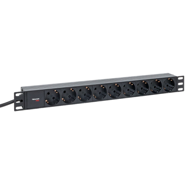 Блок розеток PDU TERACOM PRO 19" 1U 16А/250В 9 розеток Schuko шнур питания длиной 2 метра сечение 3x1,5 мм2 вилка Schuko корпус пластик черный EKF Блок розеток PDU TERACOM PRO 19" 1U 16А/250В 9 розеток Schuko шнур питания длиной 2 метра сечение 3x1,5 мм2 вилка Schuko корпус пластик черный EKF