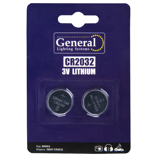 Батарейка GBAT-CR2032 кнопочная литиевая 2шт в блист (800562) (2/40/640) General