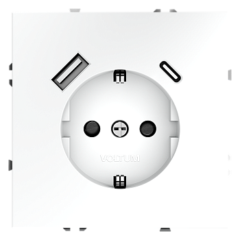 Розетка встраиваемая Voltum S70 с заземлением и защитными шторками, 16А, с USB, A+C, (белый матовый)