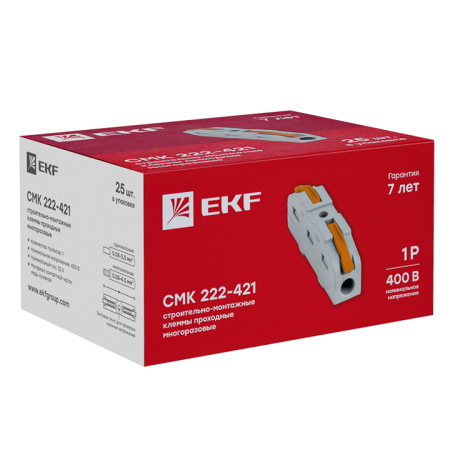 Строительно-монтажная клемма СМК 222-421 проходная 1 полюс 0,08-4мм2 (25шт) PROxima EKF
