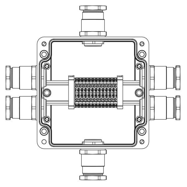 Взрывозащ. клемм. коробка из полиэстера TBE-P-05-(12xCBC.2)-2xKH3MHK(A)(B)(C)(D)1Ex e IIC Т5 Gb / Ex tb IIIC T95°C Db IP66 / ШЗ / КЗ DKC