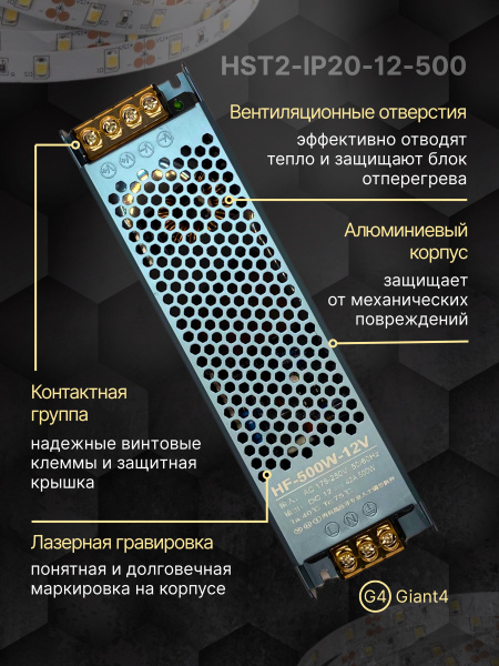 Блок питания Premium 12V 500W IP21 Giant4