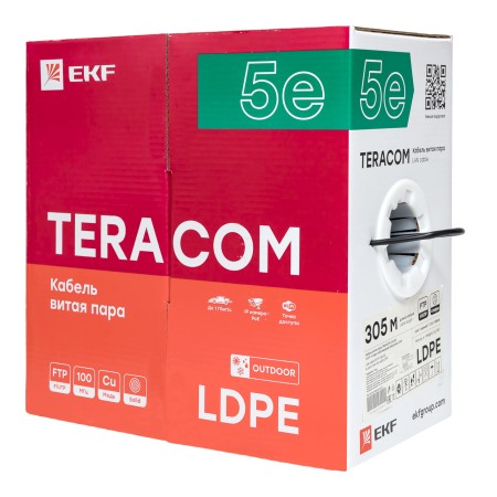 Кабель витая пара TERACOM Cat,5E F/UTP 4 пары solid внешний оболочка LDPE цвет черный (упак, 305м) EKF