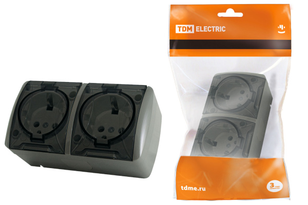 Розетка двойная 2П+3 открытой установки IP54 16А с прозрачной крышкой серая "Селигер" TDM Розетка двойная 2П+3 открытой установки IP54 16А с прозрачной крышкой серая "Селигер" TDM