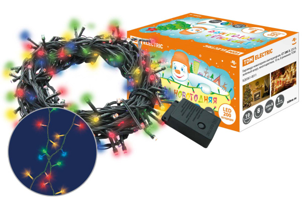 Гирлянда новогодняя светодиодная, СГ 200 З, 220 В, зеленый шнур, многоцветная, 10 м, 8 режимов TDM