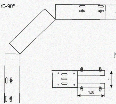 Лоток перфорированный КС 75х65-90 УТ1,5 для поворота трассы вниз на 90, оцинкованный лист S1,5