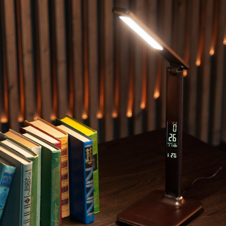 Светильник настольный 9 Вт c часами, календарем, термометром. TLD-551 Brown-LED-450Lm-3000-6000K-Dimmer-USB Uniel