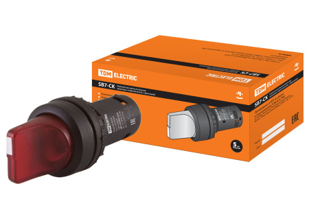 Переключатель на 2 положения с фиксацией SB7-CK2465-220V короткая ручка(LED) d22мм 1з+1р красный TDM