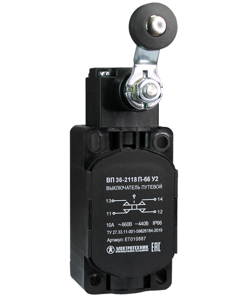 Выключатель путевой ВП 36-2118П-66 У2, рычаг с пластиковым роликом, 1з+1р, безинерционный, 30х60 мм, без сальника, 3А, IP66 Электротехник
