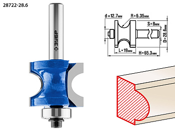 28,6x19мм, радиус 6.3мм, фреза полустержневая с подшипником ЗУБР