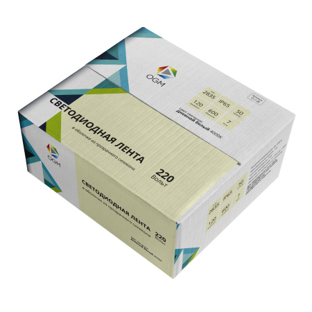 O17-08 Светодиодная лента 220В, 7Вт/м, smd2835, 120д/м, IP65, 600лм/м, размер 13х7мм, 50м, д/б, 4000К OGM