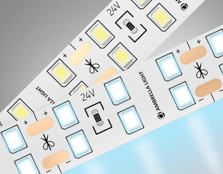 Светодиодная лента двухрядная GS3603 2835 204Led/ 20W m/ 24V IP20 6500K/ 5000*14*1.2mm/ кратность резки 72mm (2 конт.) Ambrella Light