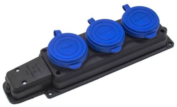 Колодка 3нг с з/к 16А IP44 черная с синей кр. (каучук) (15/60) Альфа 