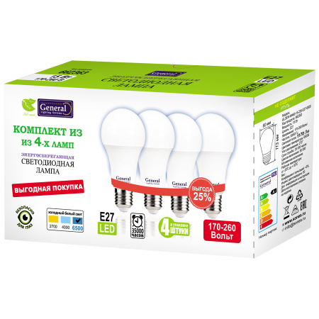 GLDEN-WA60-15-230-E27-6500 1/10/100 Упаковка 4 шт General