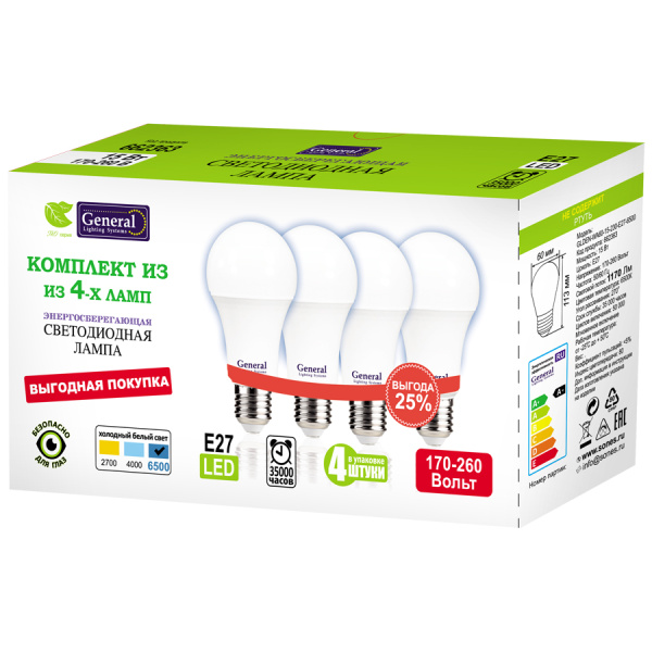 GLDEN-WA60-15-230-E27-6500 1/10/100 Упаковка 4 шт General